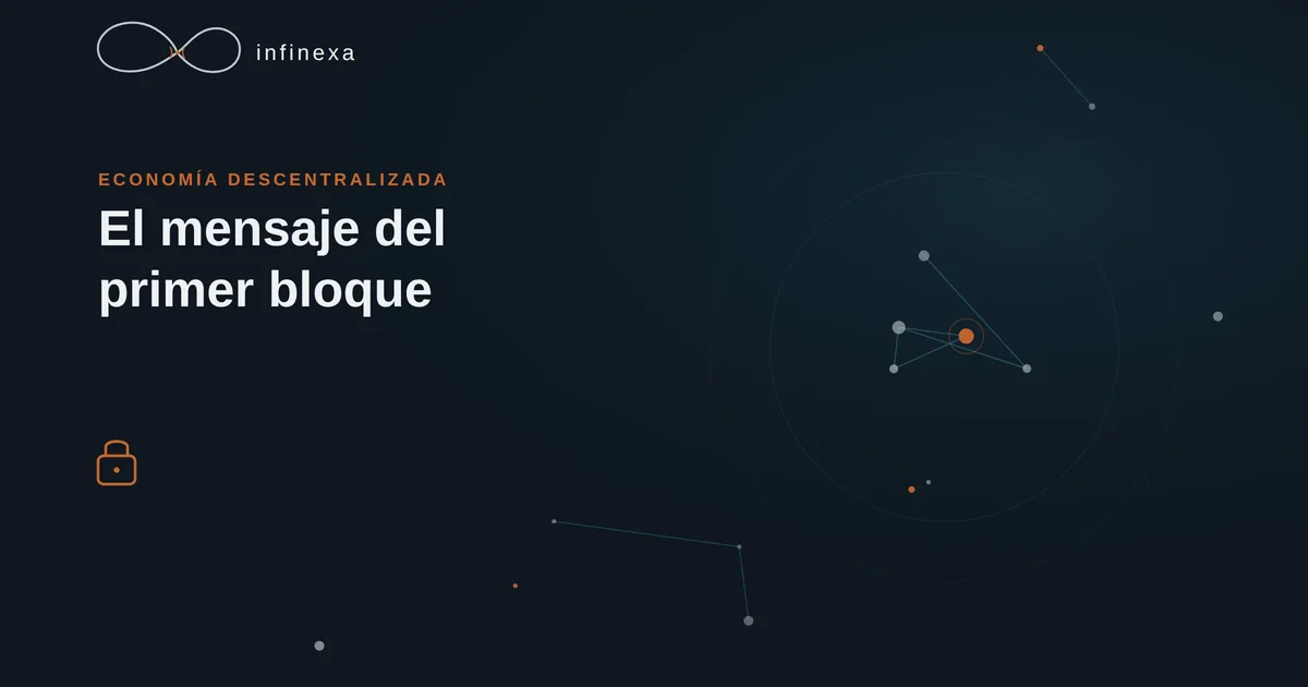 Ilustración de un bloque digital iluminado conectado al inicio de una cadena, con un fragmento de periódico incrustado en su interior