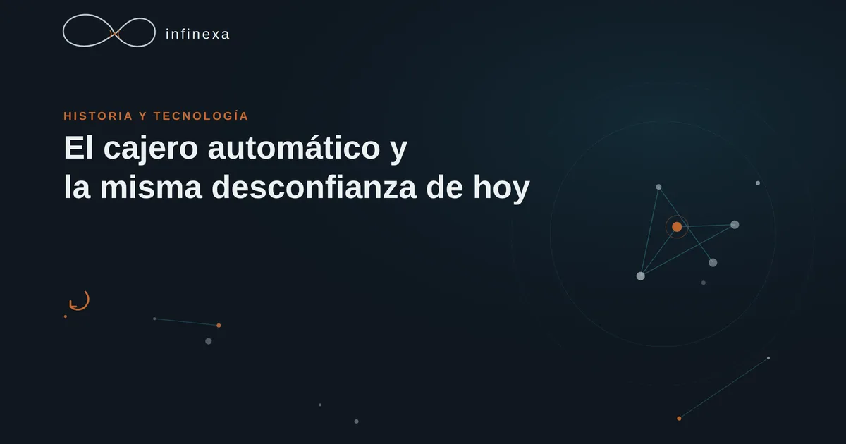 Ilustración conceptual de un cajero automático antiguo junto a una wallet digital, representando la misma desconfianza histórica