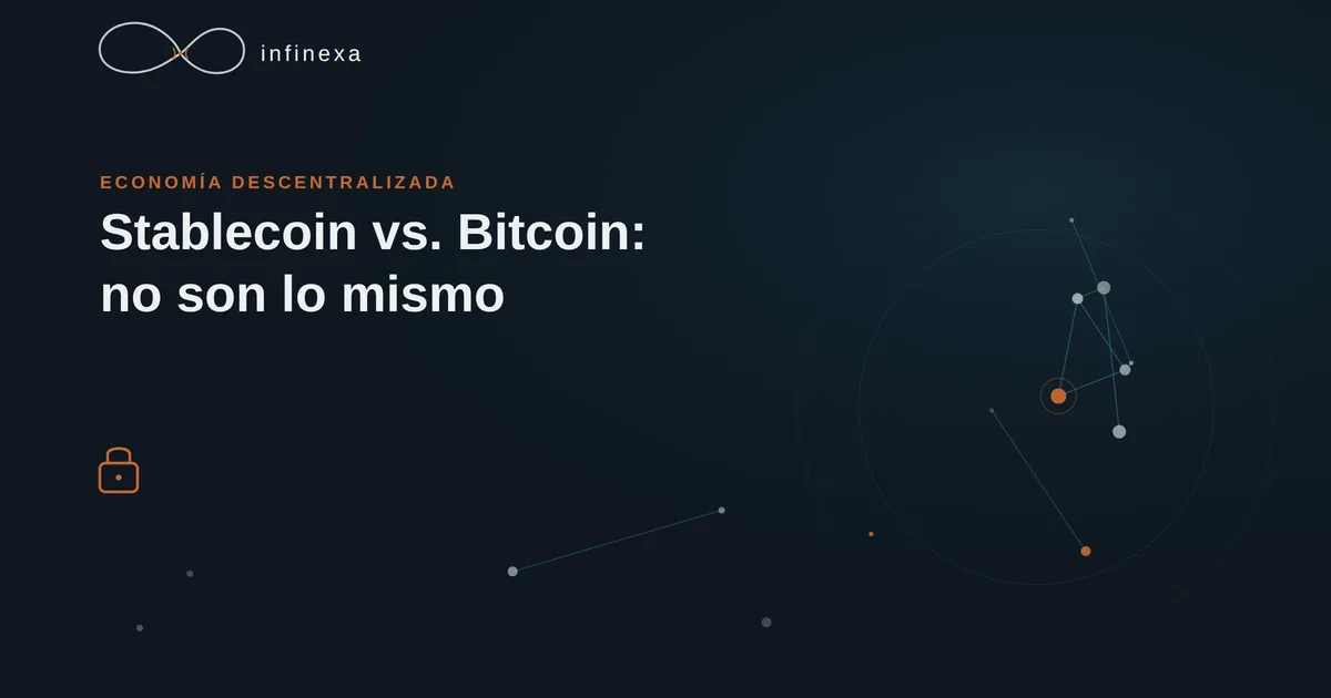 Ilustración conceptual comparando la volatilidad de Bitcoin con la estabilidad de una stablecoin, representadas como dos trayectorias distintas