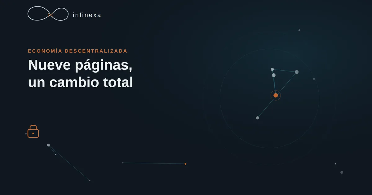 Ilustración conceptual de un documento de nueve páginas flotando sobre una red de nodos conectados, representando el whitepaper de Bitcoin